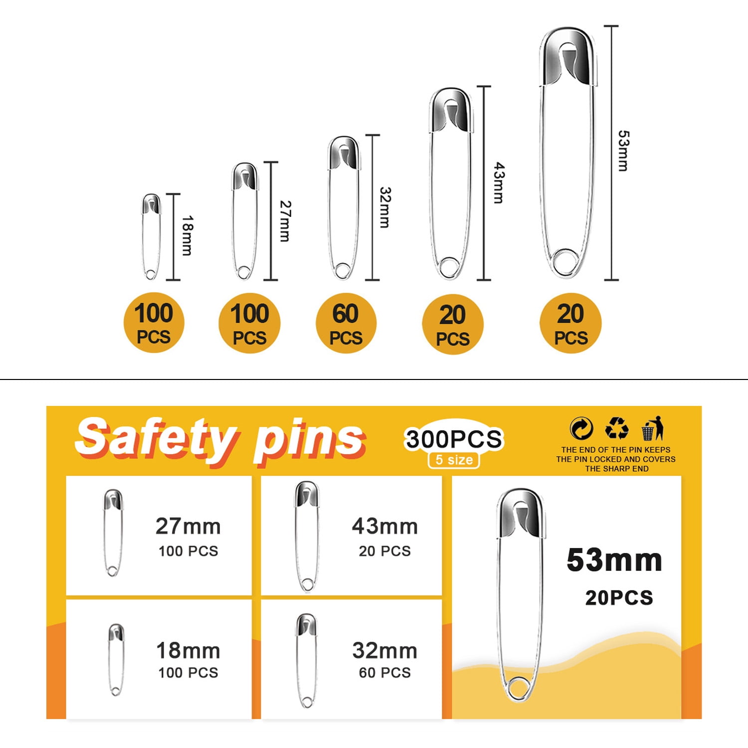 Safety Pins Assorted 300 Pack Strong Nickel Plated Steel, 5 Different
