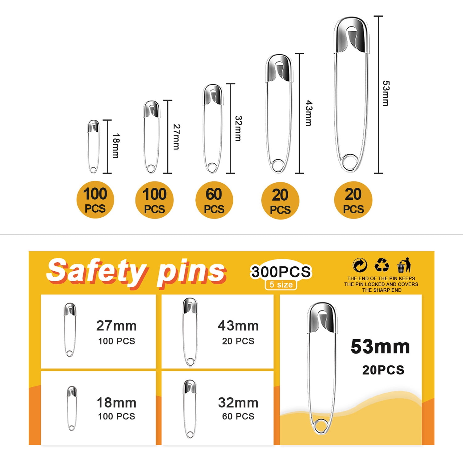 Safety Pins Assorted 300 Pack – Strong Nickel Plated Steel, 5 Different ...