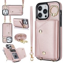 ShellTech for iPhone 13 Pro Case with Card Holder and Strap - Zipper Pocket,Crossbody Lanyard Strap,Credit Card Holder,Stand Ring,Cute Phone Wallet Case for Women,Rosegold