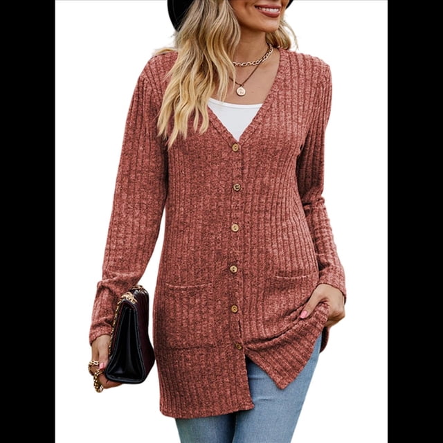 Cárdigan de Punto Suave para Mujer, Moda Otoño 2025, Abrigo de Larga Abierto con Bolsillos. Rojo Ladrillo L