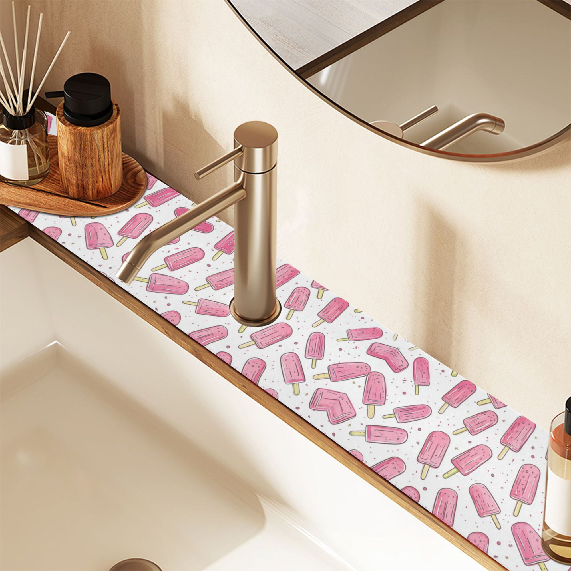 Yayeee Faucet Mat for Kitchen Sink 14.7" Diatomite Long Splash Guard Pad, Pink Popsicle Pattern, 2 Pack