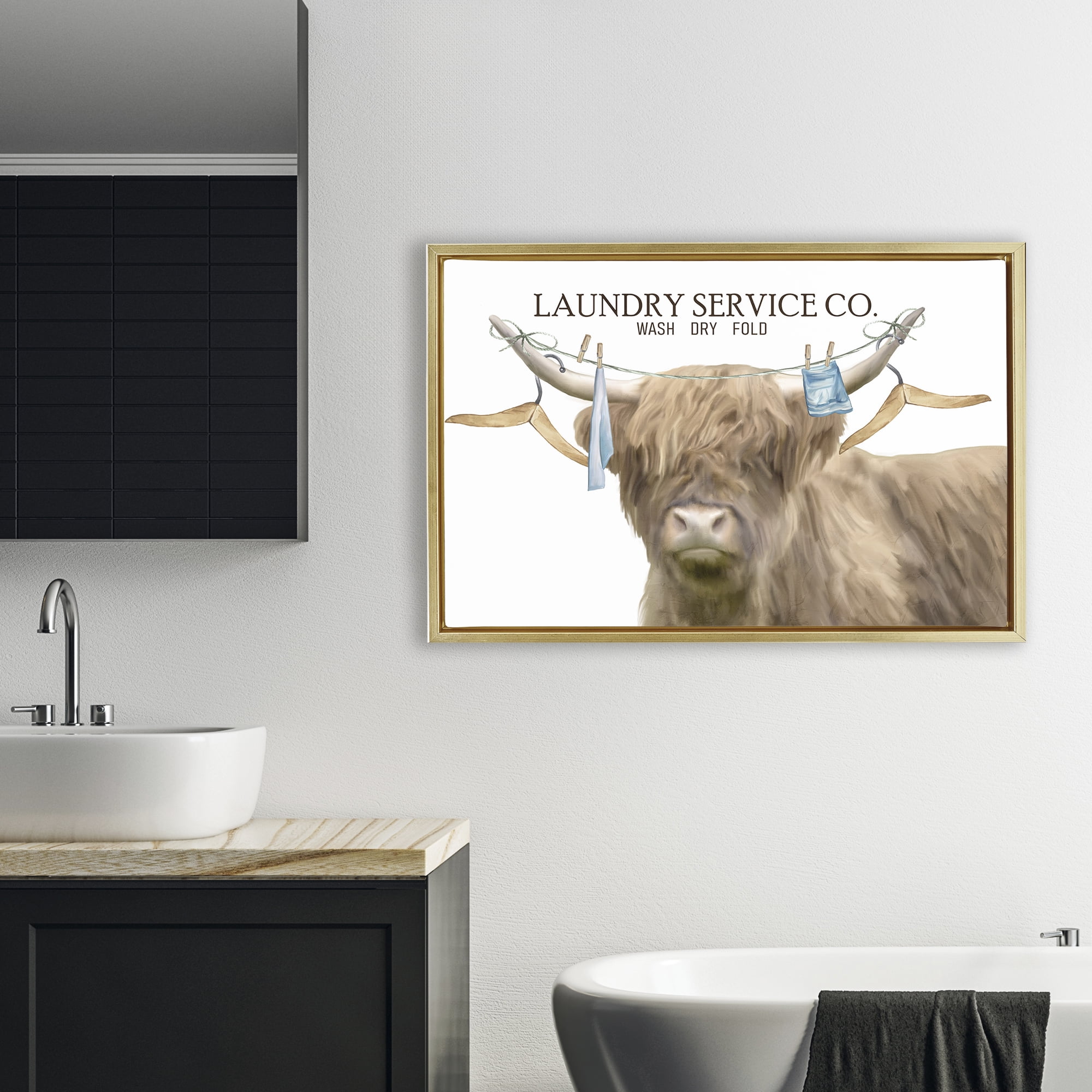 Laundry Service Cattle Gold Framed Floater Canvas Wall Art, design by Kim Allen