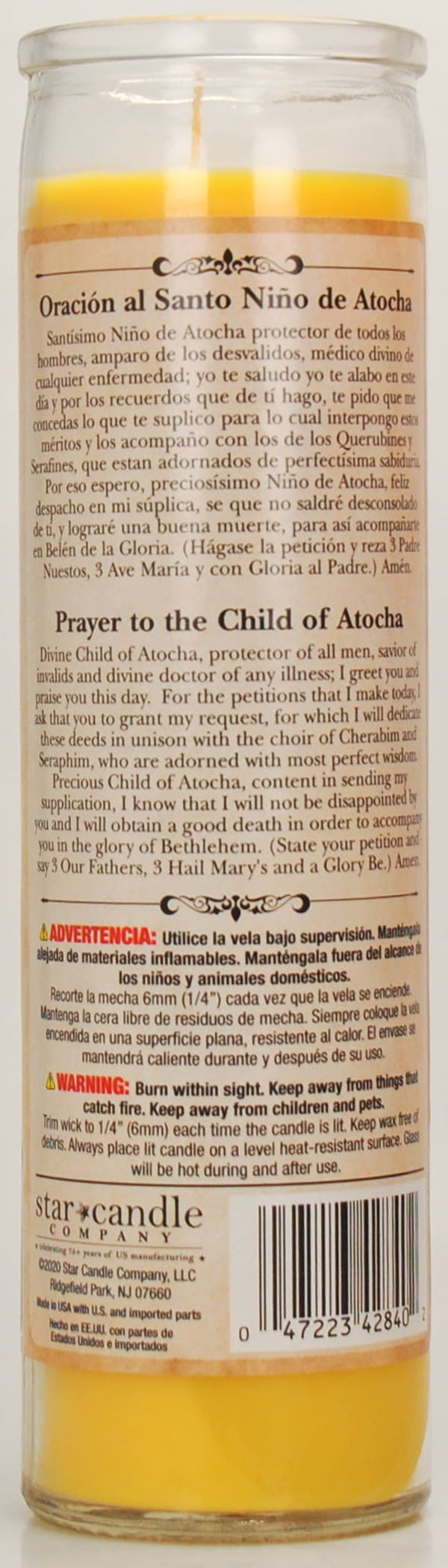 Prayer Candle Atocha Child Yellow Wax, 8 Inch
