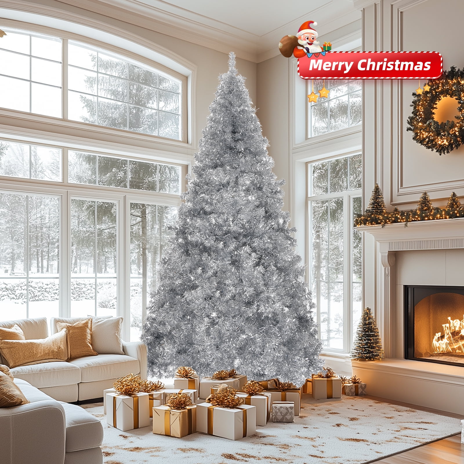 7 FT Artificial Christmas Tree, Unlit Hinged Christmas Pine Tree with 1250 Branch Tips and Sturdy Metal Stand, Silver
