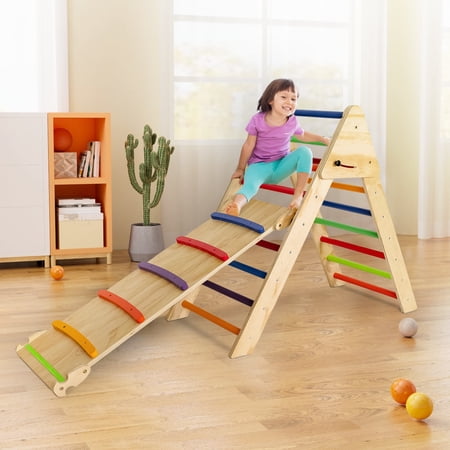 Fionafurn 2-in-1 Wood Climbing Toy,Reversible Slide,Triangle Indoor Gym Playground Playset,Colorful