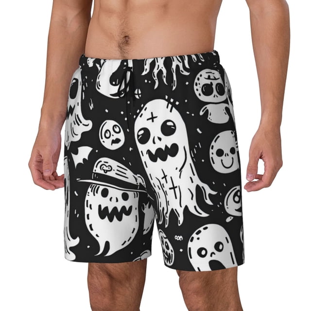 Kdxio Black White Spooky Ghosts Print Mens Swim Shorts with Mesh Lining, Breathable and Quick-Drying, Adjustable Waist, Privacy Pocket-XX-Large