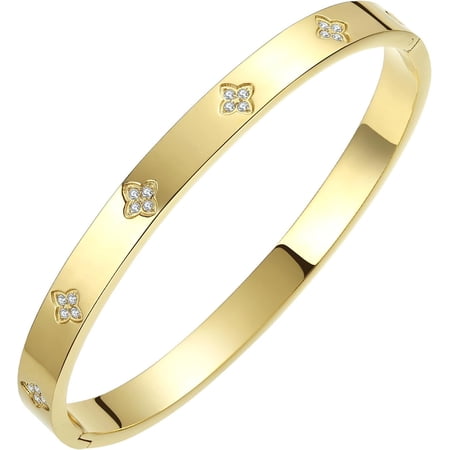 Gold Plated Bangle Bracelets for Women Four Leaf Clover Lucky Love Cubic Zirconia Bracelet
