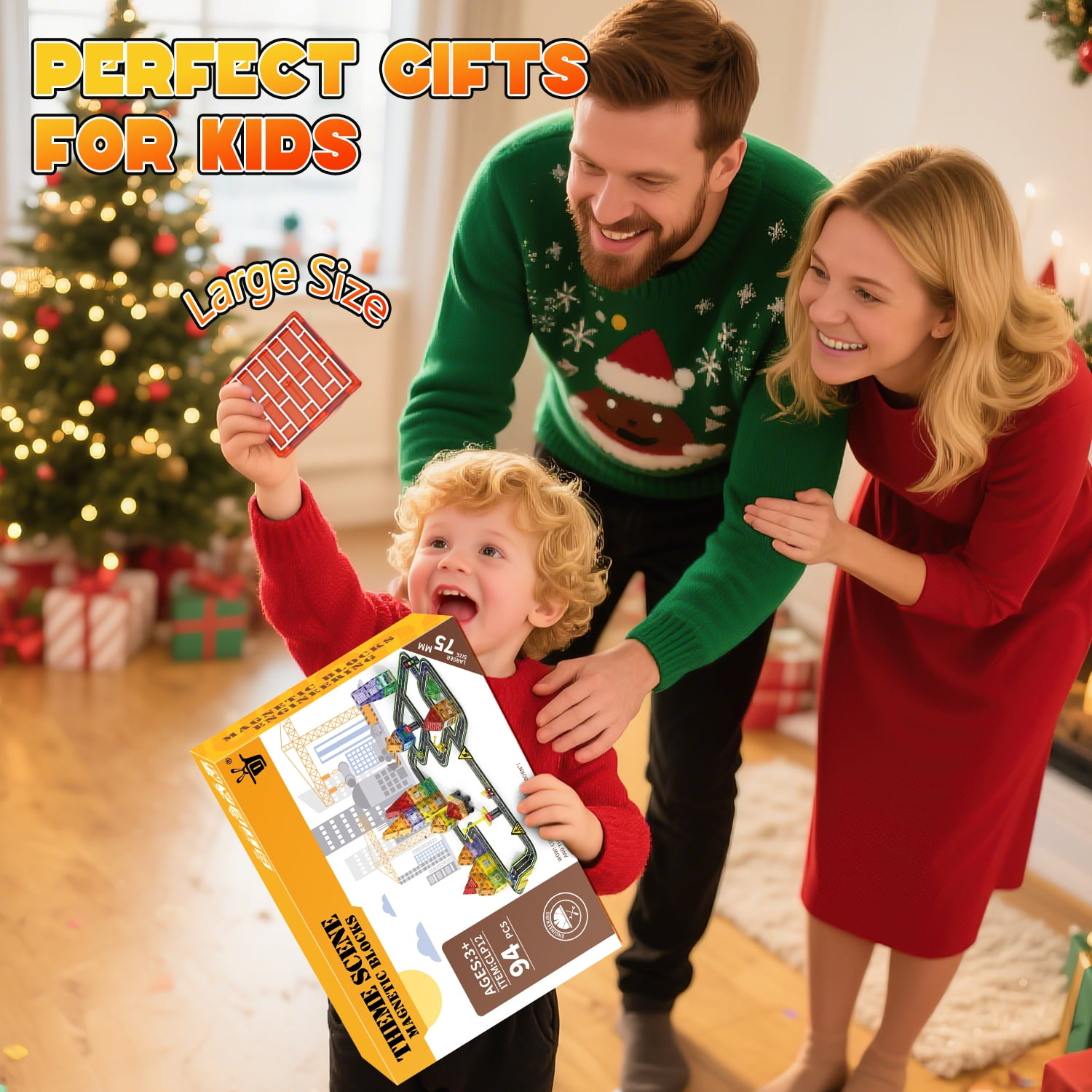 Freecat Magnetic Tiles 94PCS Large Size 75MM, Magnetic Building Blocks with Engineering Truck & Road Blocks, STEM Educational Toys for Kids Ages 3-6, Birthday Gifts for Boys Girls Toddlers.