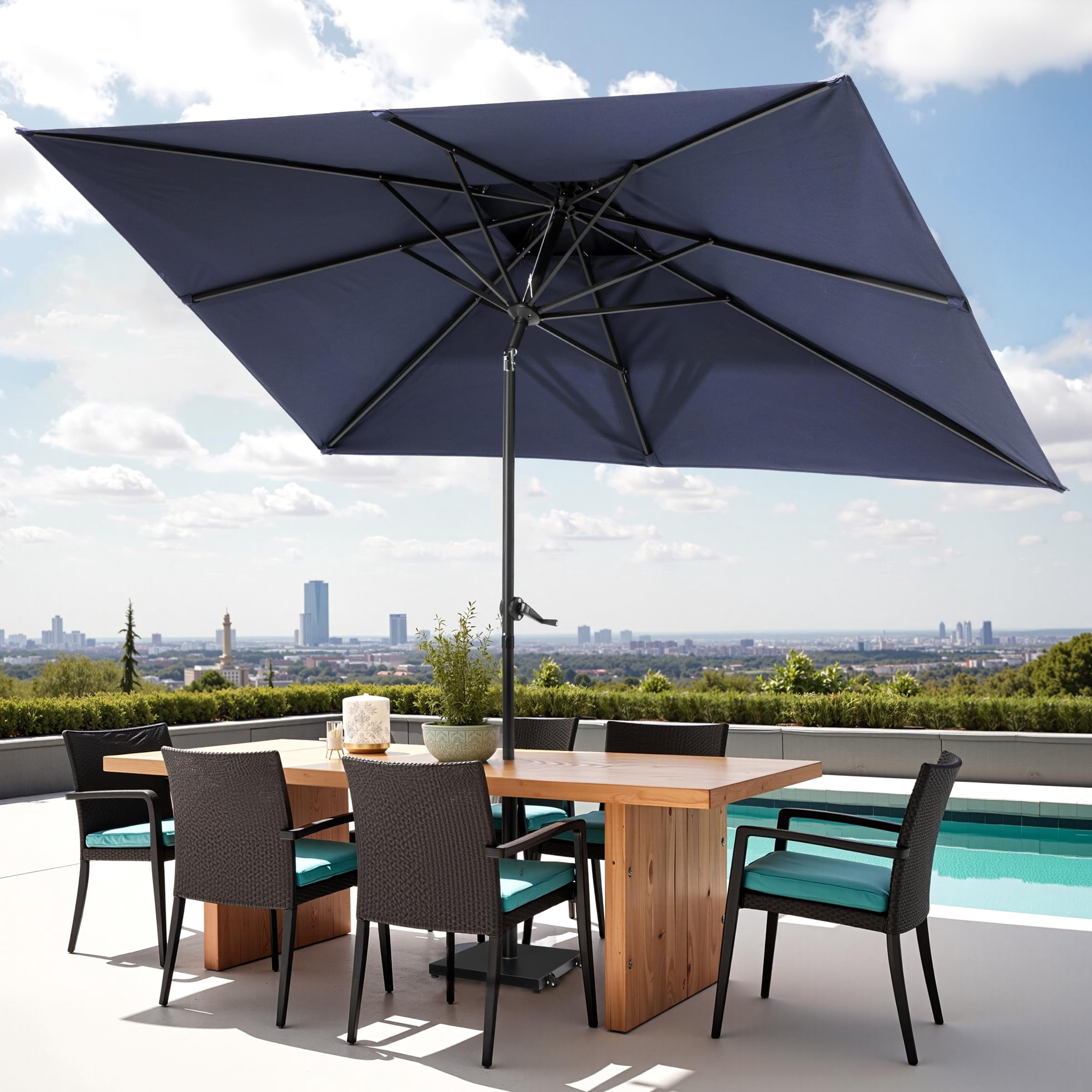Crestlive Products 9x5ft Patio Umbrella with Base Included , Umbrella with Fade-Resistant Canopy, 43-lb Heavy-Duty Concrete Umbrella Stand with Wheels for outdoor
