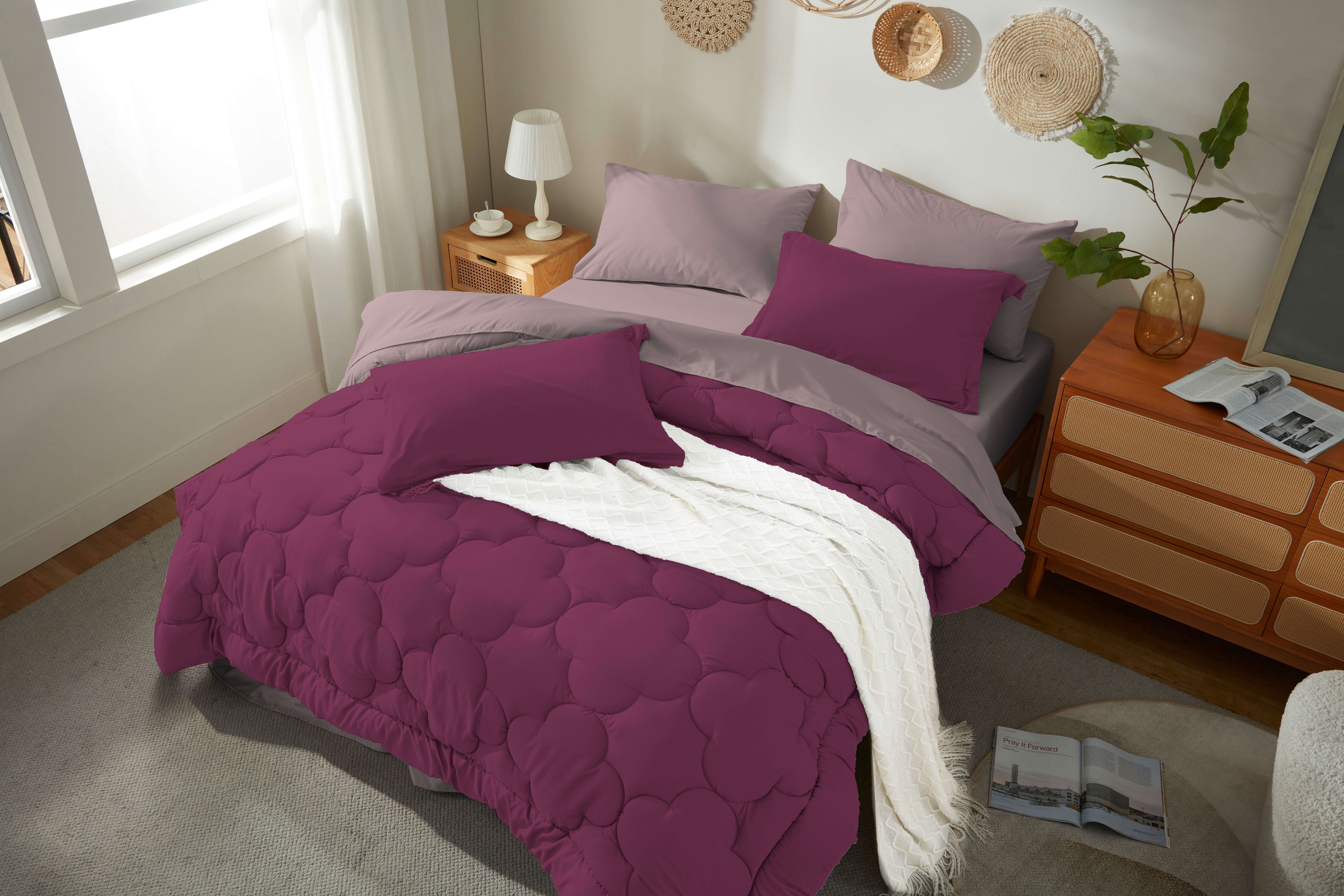 Bedtreat Twin Comforter Sets，5-Pieces Reversible Bedding Sets，Bed in a Bag with Comforter， Flat Sheet and Fitted Sheet, Pillowcase & Sham，Burnished Lilac/Amaranth