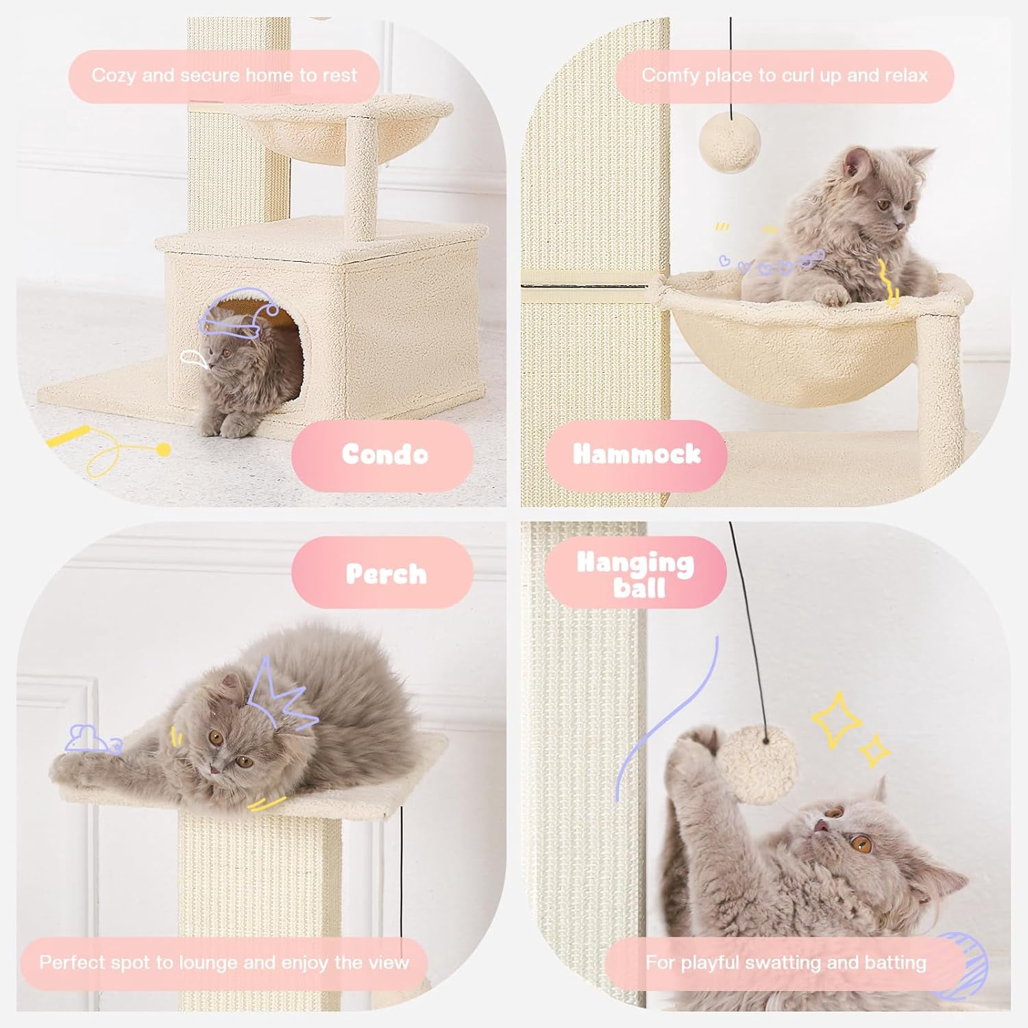 Cat Scratching Post with Perch, Sisal Cat Scratchers for Indoor Cats, Large Cat Scratching Post with Hammock & Fluffy Ball, 31 Inches Tall Cat Scratching Tower, Beige