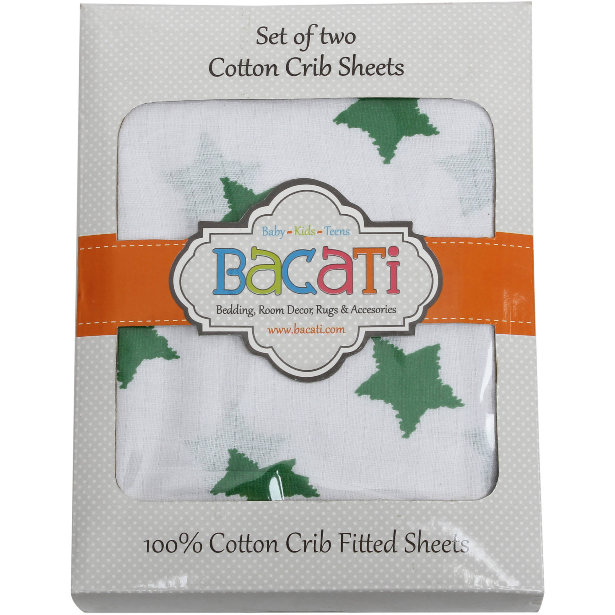 Bacati - Stars Crib/Toddler Bed Fitted Sheets 100% Cotton Muslin 2 Pack, Green