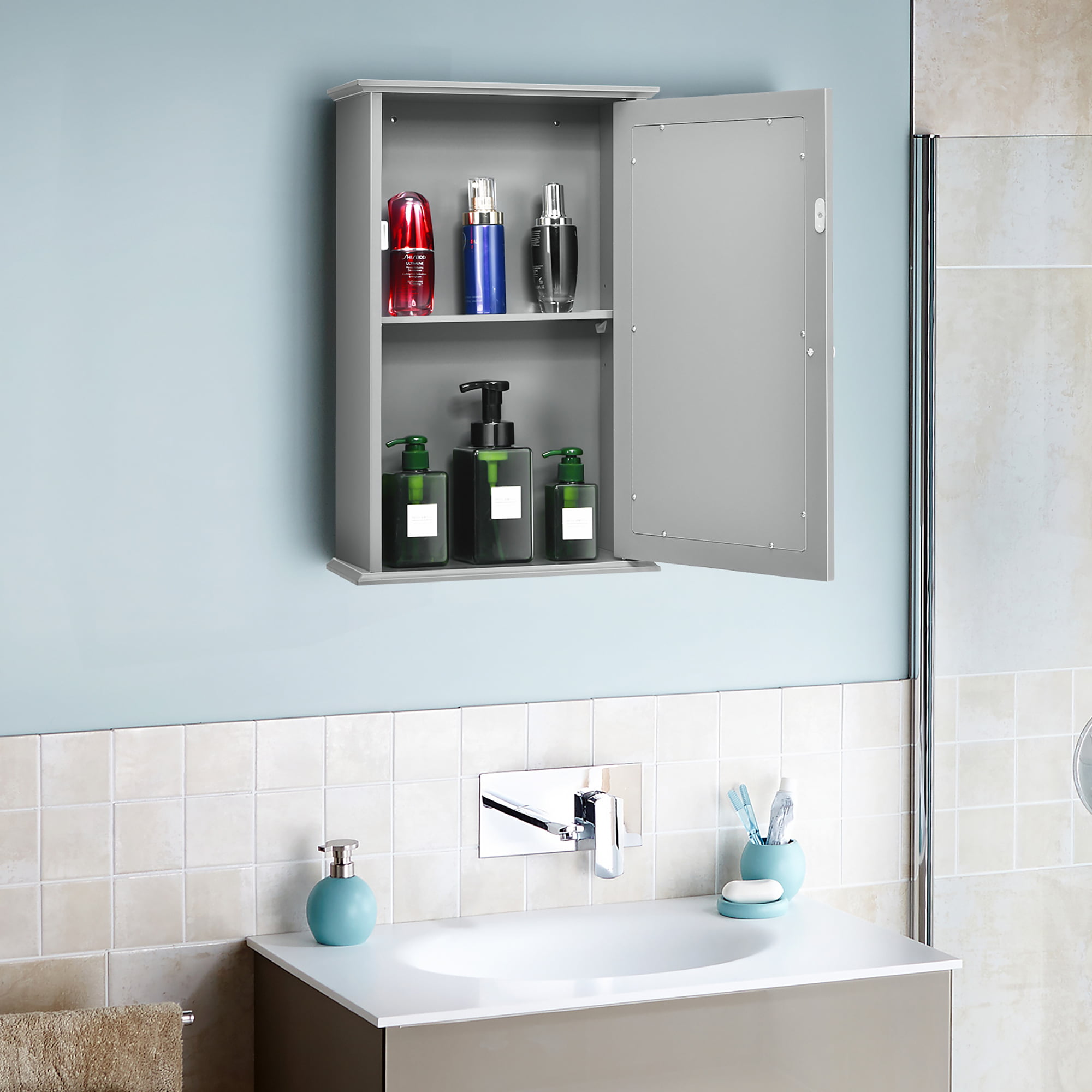 Costway Wall Mount Bathroom Cabinet Storage Organizer Medicine Cabinet with  2-Doors and 1- Shelf Cottage Collection Wall Cabinet Grey