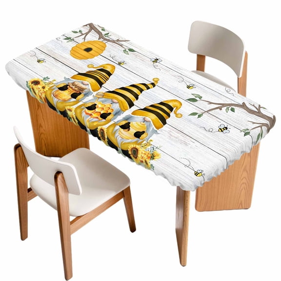 Yellow Bees Gnomes Table Cloths for 6 Foot Rectangle Tables, Spring Floral Branches Wooden Patio Waterproof Elastic Fitted Tablecloths, Washable Rectangular Table Cover for Camping