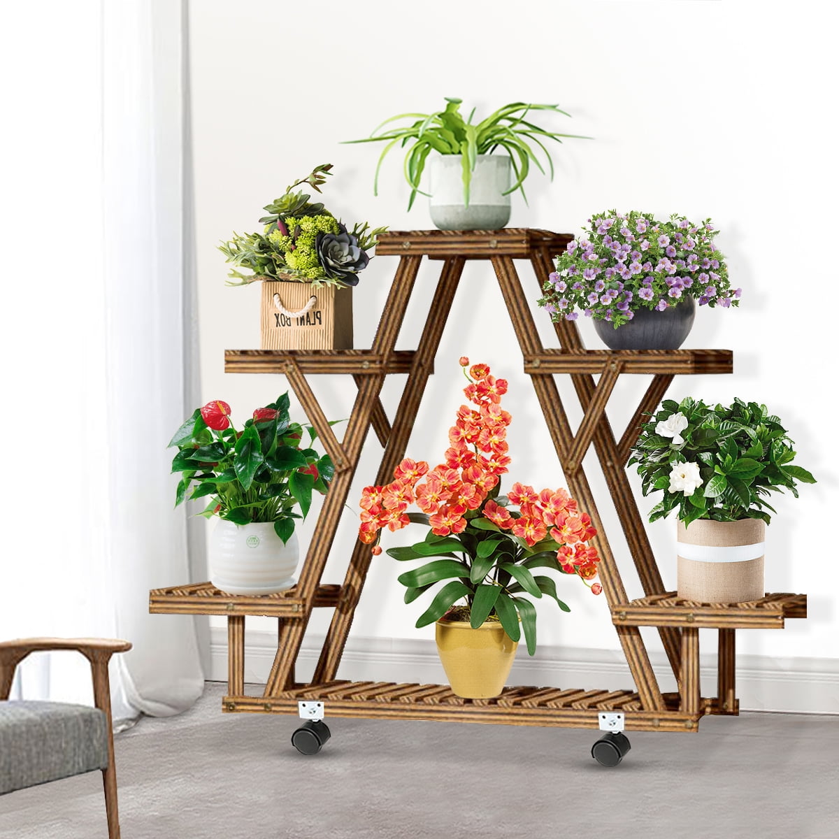 Wooden Flower Stand With Wheels Movable Flower Plant Display Stand