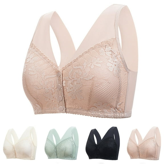 SMihono No Underwire Lace Bras for Women Sponge Cup Front Closure Bras for Seniors Plus Size Full Coverage Bras No Wire Bras Black 42