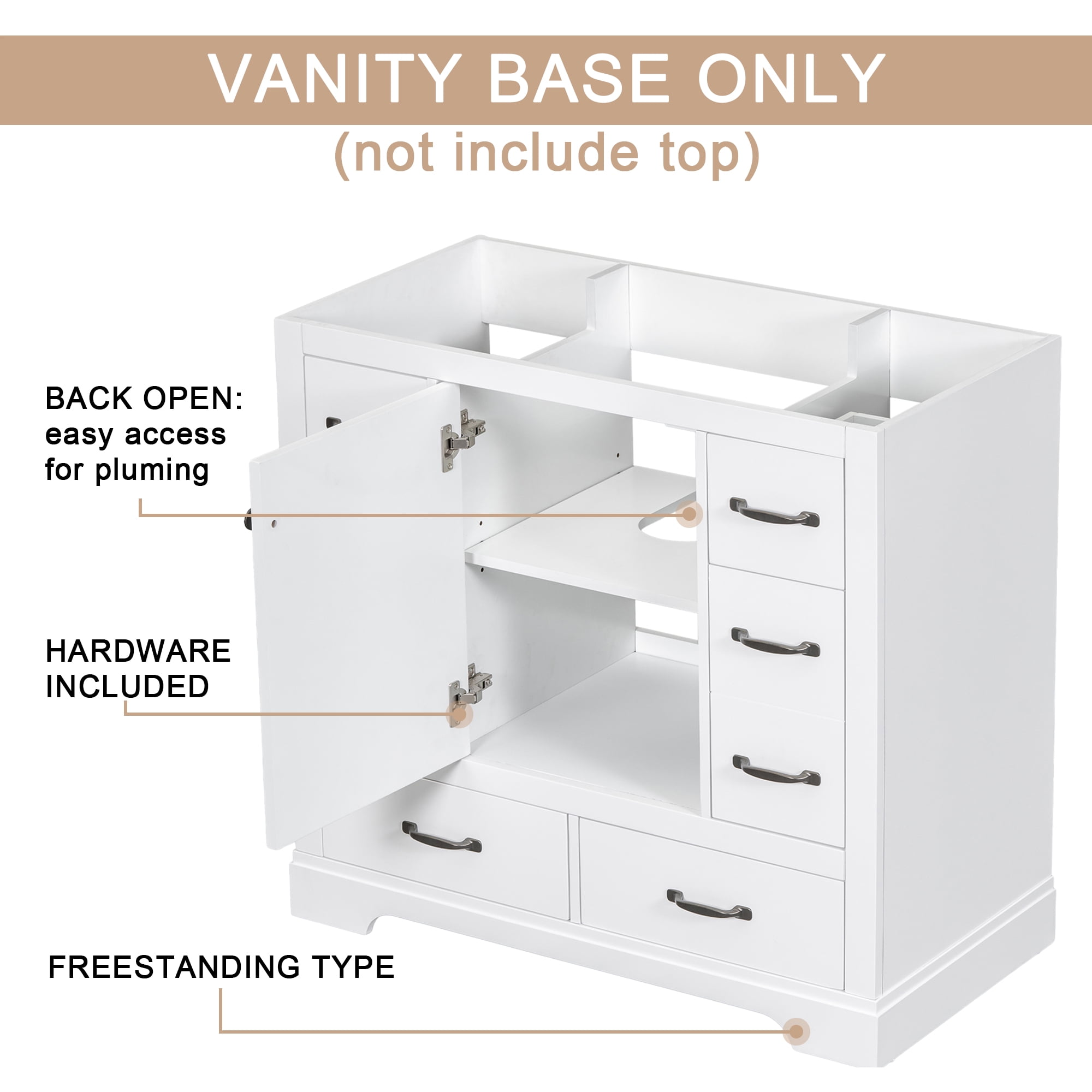 MAYEERTY 36" Bathroom Vanity without Sink 6 Drawers Drawer Divider Adjustable Shelf White