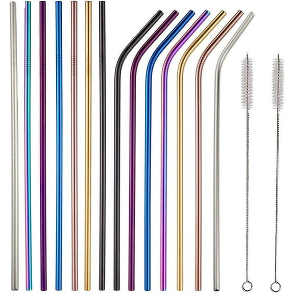 Different Size Aluminum Straws,14 PCS Extra Long 10.5 Inch Metal Drinking Straws With 2 Brushes, Environment-Friendly Straw For 30oz Tumblers,Beverage,Starbucks,Mason Jar (Long Straight&Bent)