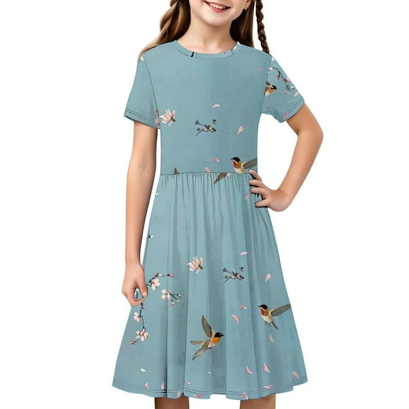Girls Short Sleeve A-Line Dress Casual Summer Graphic Flowy Swing Ruffle Pleated Dresses 4-14 Years