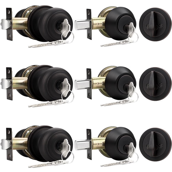 Probrico Entry Door Knob Lock Set and Single Cylinder Deadbolt Combination Set Oil-Rubbed Bronze (3 Pack) Keyed Alike