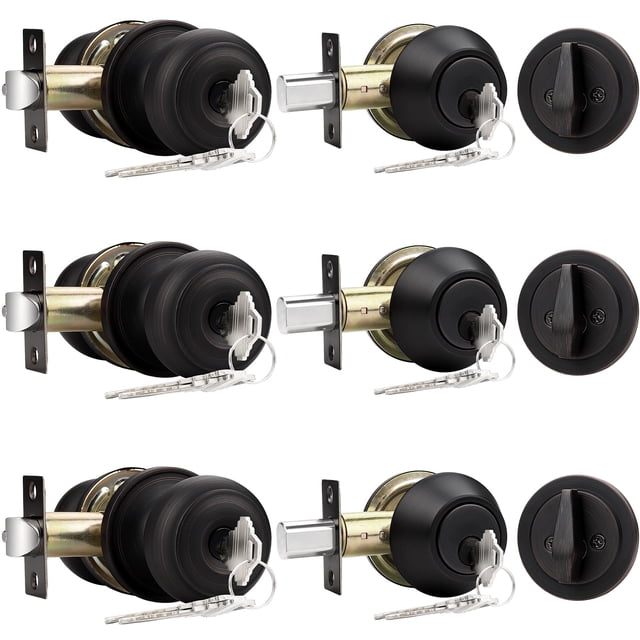 Probrico Entry Door Knob Lock Set and Single Cylinder Deadbolt Combination Set Oil-Rubbed Bronze (3 Pack) Keyed Alike