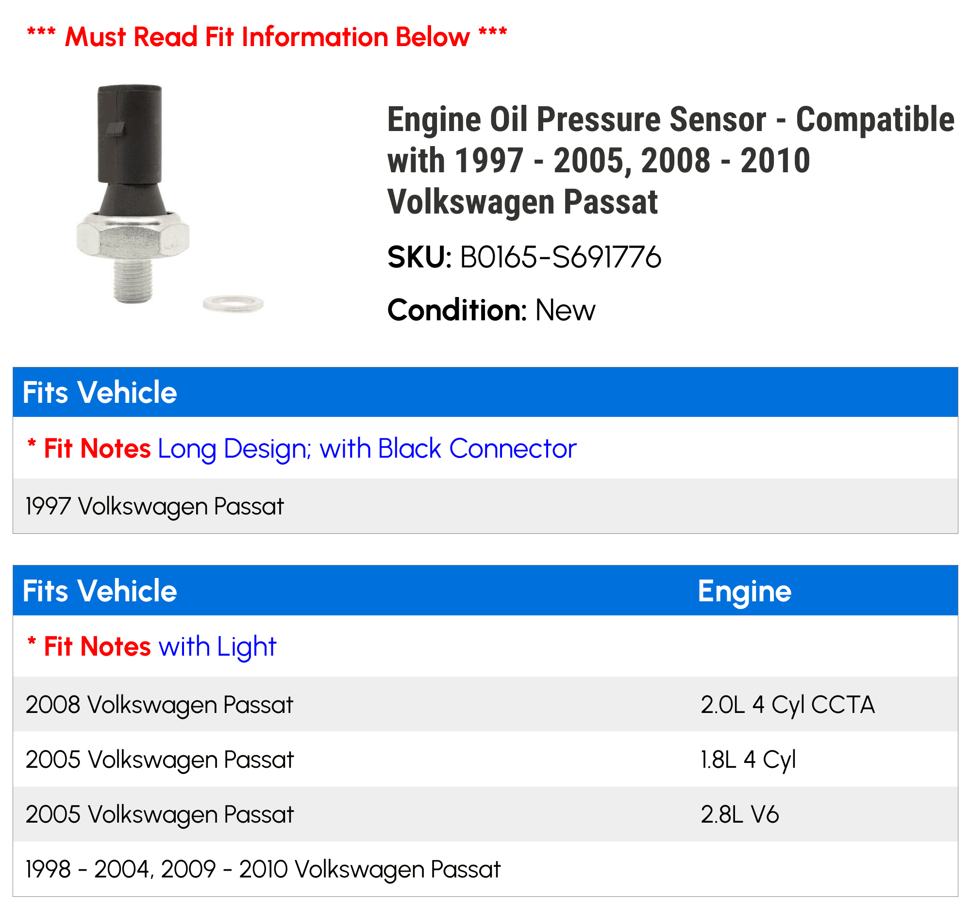 Engine Oil Pressure Sensor - Compatible with 1997 - 2005, 2008 - 2010 Volkswagen Passat 1998 1999 2000 2001 2002 2003 2004 2009