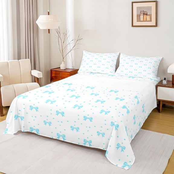 Feelyou Kawaii Blue Ribbon Full Size Sheets, Bowknot Polkadots Bed Sheets, 4-Piece