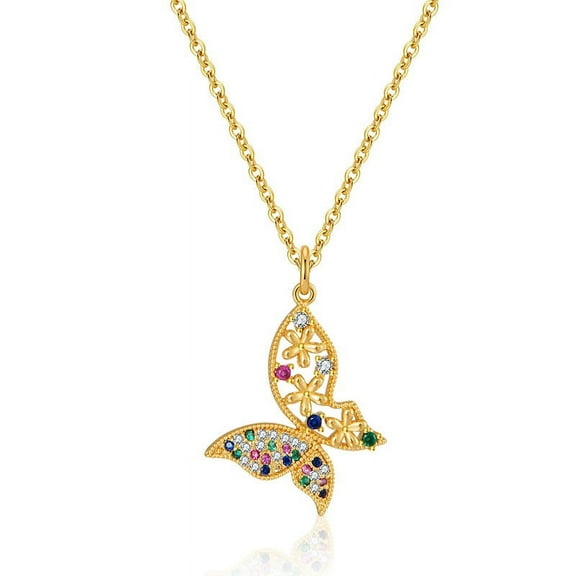Zhuge Handmade Necklace Pendant Suitable for Men and Women, Colorful Hollow Butterfly Set Zircon Pendant Necklace (Gold)