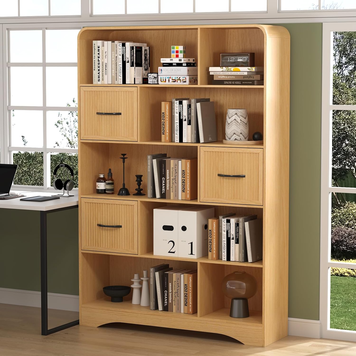 SOLACE FURNITURE Tall Bookcase,Modern 5 Tier Bookshelf with 3 Bins Storage & Open Shelf, Natural Oak
