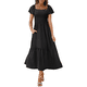 thumbnail image 2 of Vestido Midi de Verano para Mujer, con Escote Cuadrado, Mangas Abullonadas, Estilo Bohemio, Fruncido, Fluido, con y Bolsillos, Color Negro, Talla XL, 2 of 8