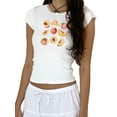 thumbnail image 3 of Musuos Women's Slim Fit Crop Top Cap Sleeve Lace Trim Crew Neck Fruit Print T-Shirts for Summer, 3 of 6