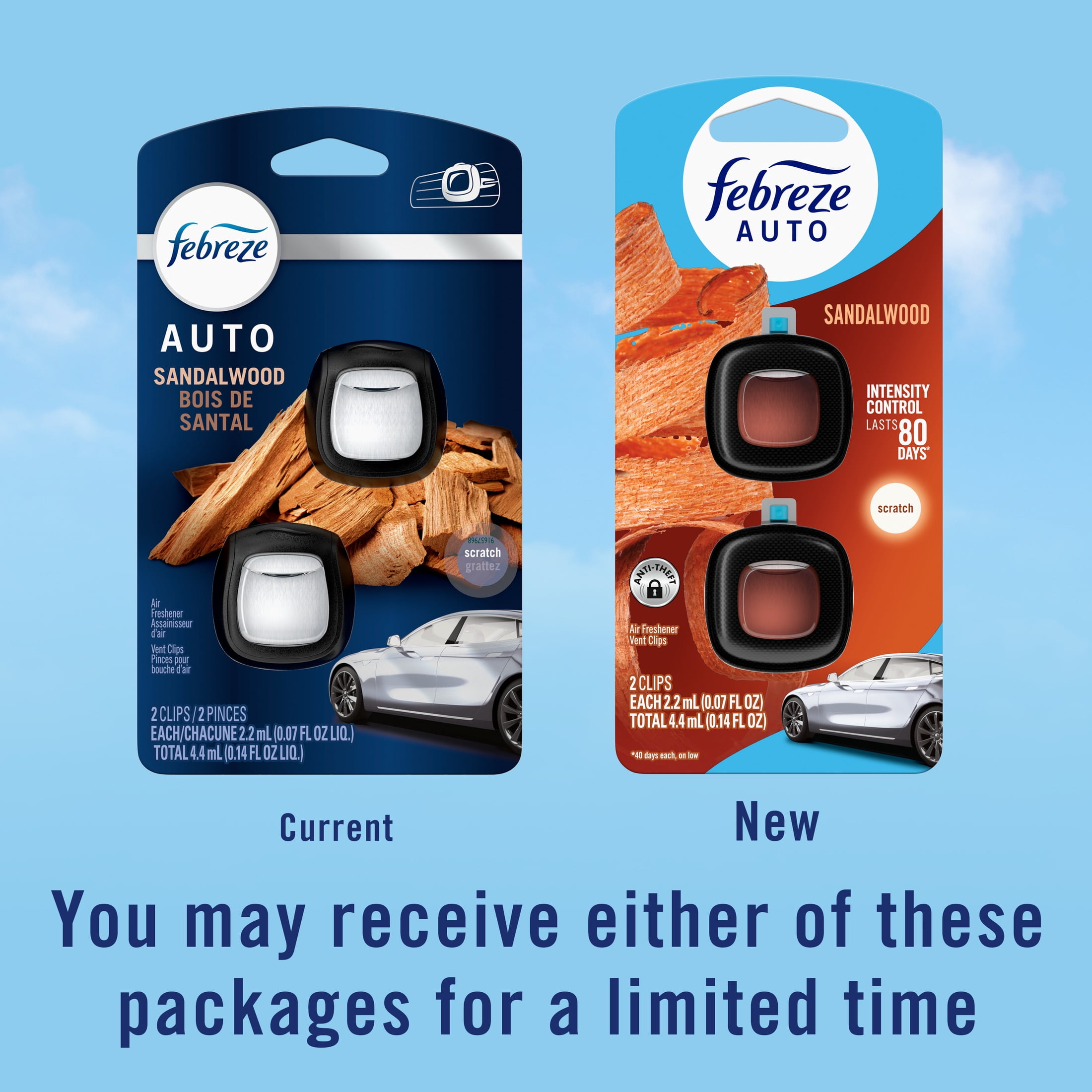 Febreze AUTO Car Air Freshener, Odor-Fighting Car Vent Clip, Sandalwood, 2 Count