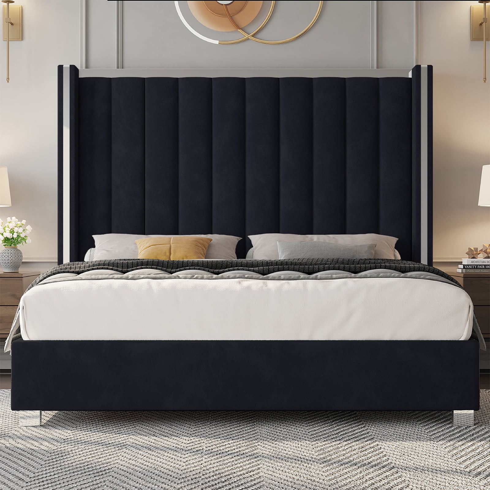PLAUIN King Size Bed Frame with 58" tall Headboard, Velvet Upholstered Platform bed with Channel Tufted Wingback Headboard and Plating Trim, Black