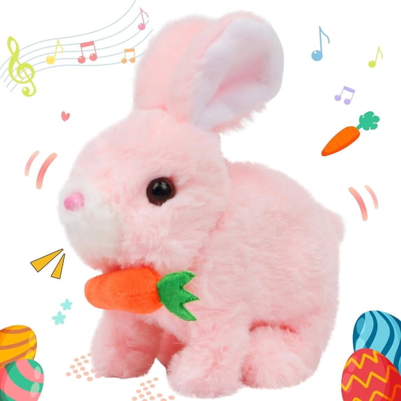 Rabbit with Carrot Interactive Electronic Pet Plush Bunny Toy with Sounds and Movements Animated Walking Wiggle Ears Twitch Nose Gifts for Toddlers Birthday, White, 7''(Pink)