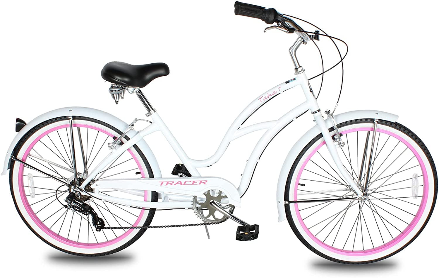 WonderWheels 26" Beach Cruiser Coaster Brake Stainless Steel Spokes One Piece Crank Alloy Orange Rims 36H W/ Fenders - White
