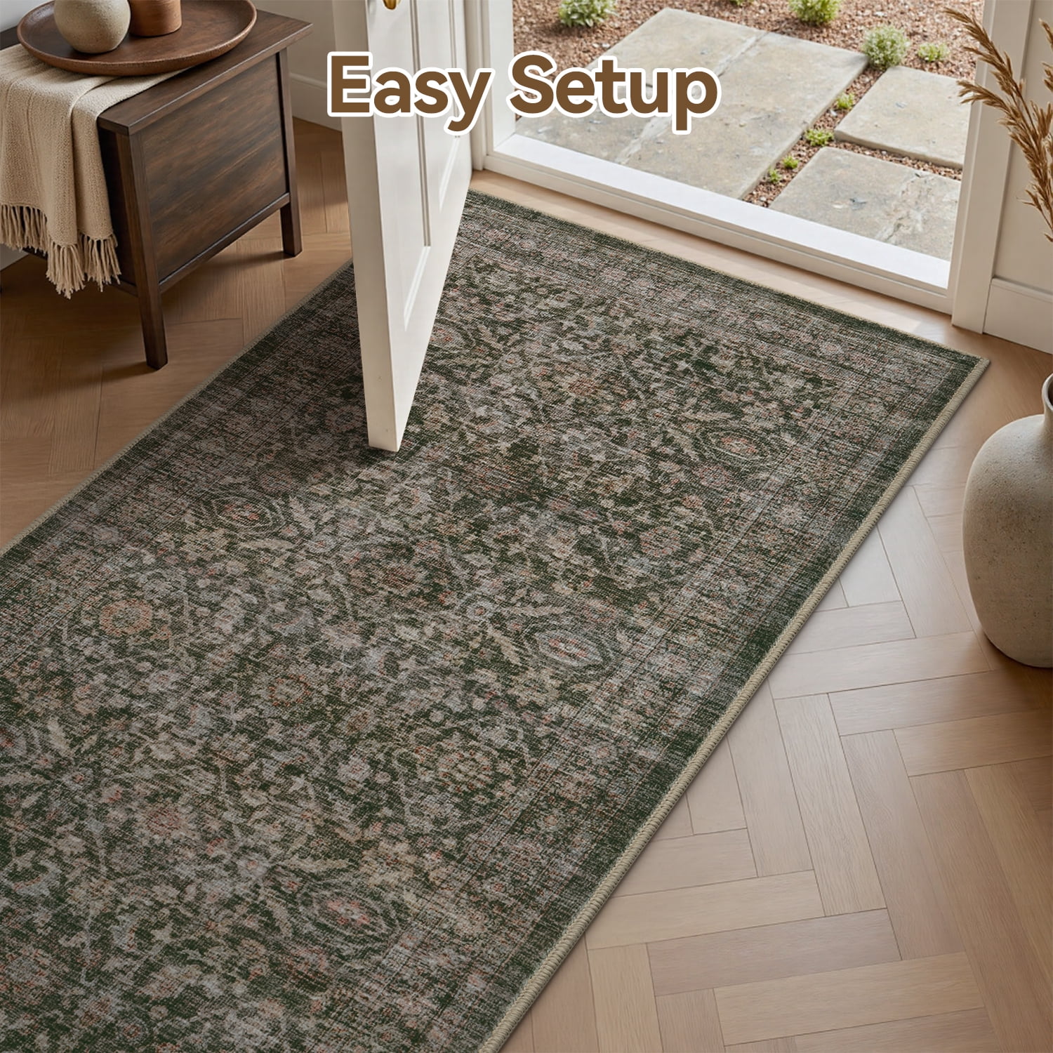 SIXHOME 2'x10' Vintage Distressed Area Rug Soft Washable Non-Slip Carpet American Classic Retro Rug with Geometric Rugs for Living Room Bedroom Neutral Home Decor Green