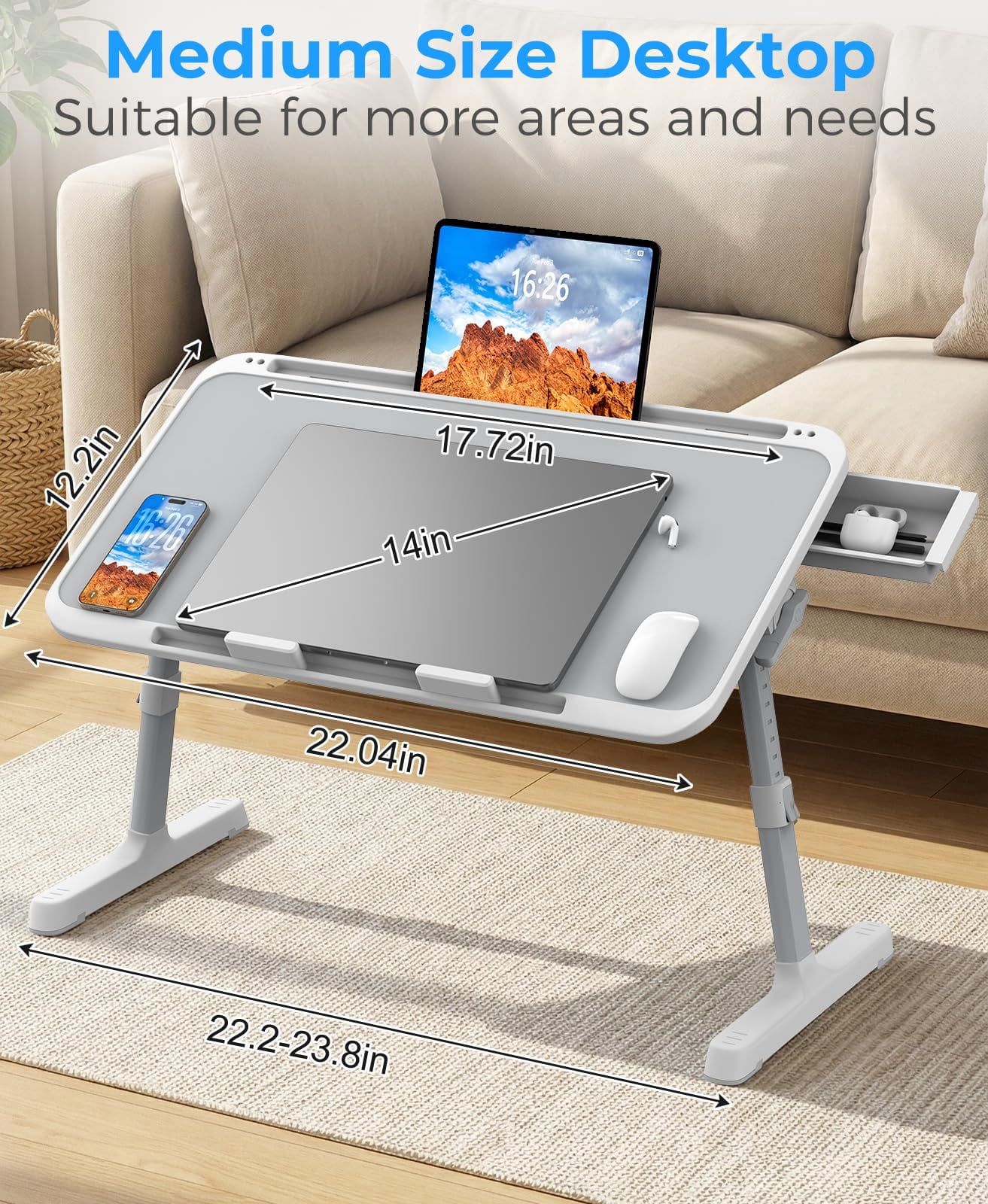 Laptop Bed Table  Height & Angle Adjustable Desk For With Materials Super Sturdy Foldable Tray Drawer Couch Floor (gray 22.04"*12.2")