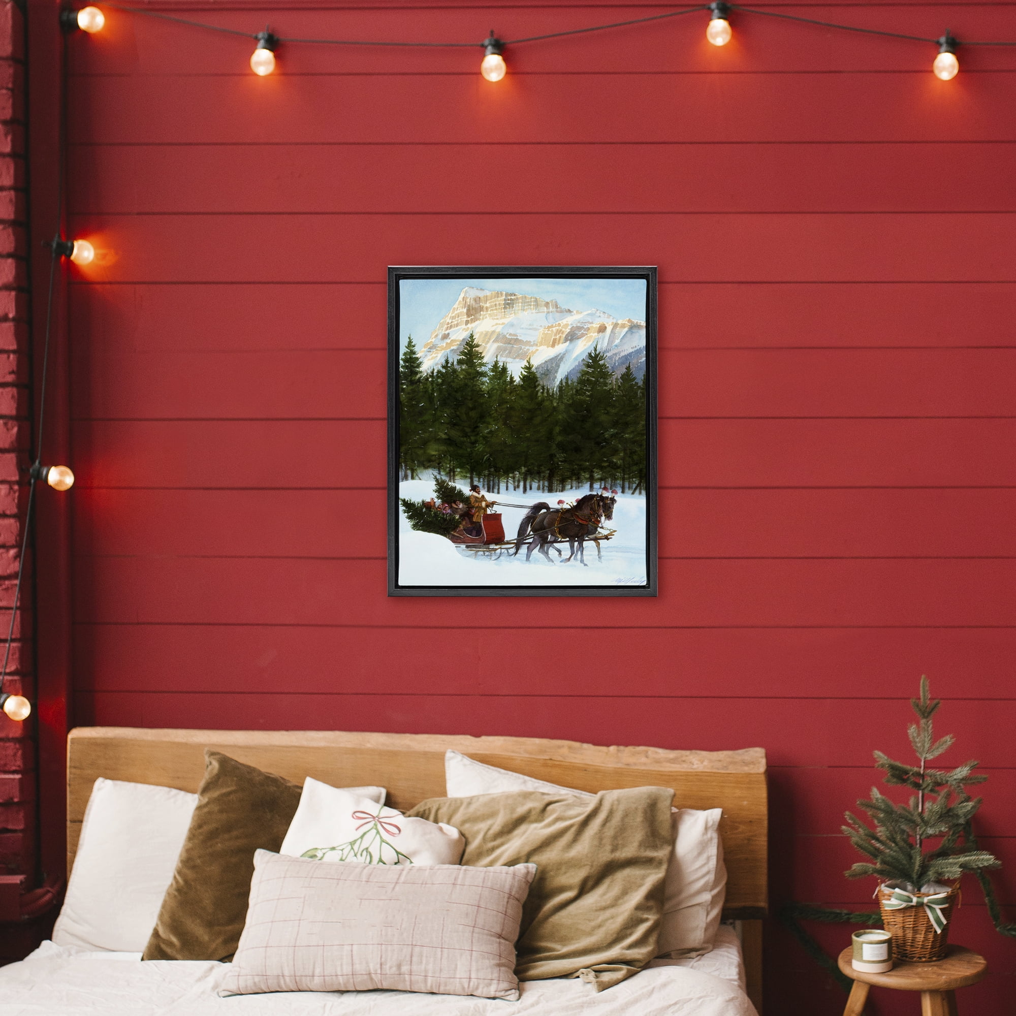 Sleigh Ride Carrying Trees Black Framed Floater Canvas Wall Art, design by Wind River Studios