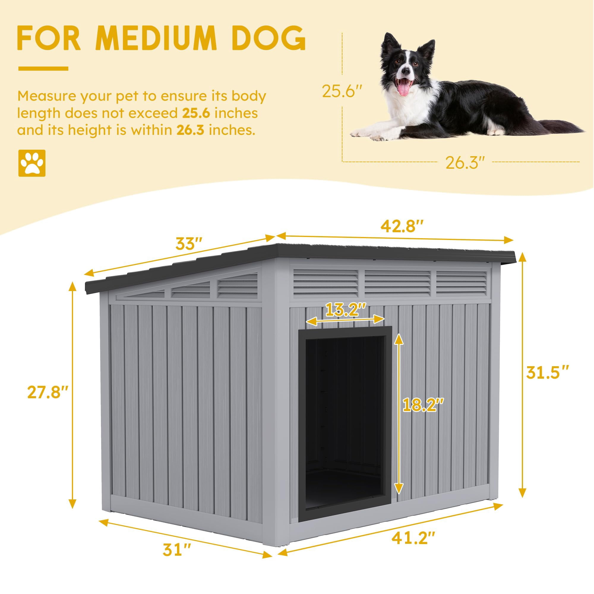 Weatherproof Indoor/Outdoor Dog House for Medium to Large Dogs - Large 42.87×32.95×31.61, Removable Floor, Spacious Interior, Gray, Durable, All-Weather Protection