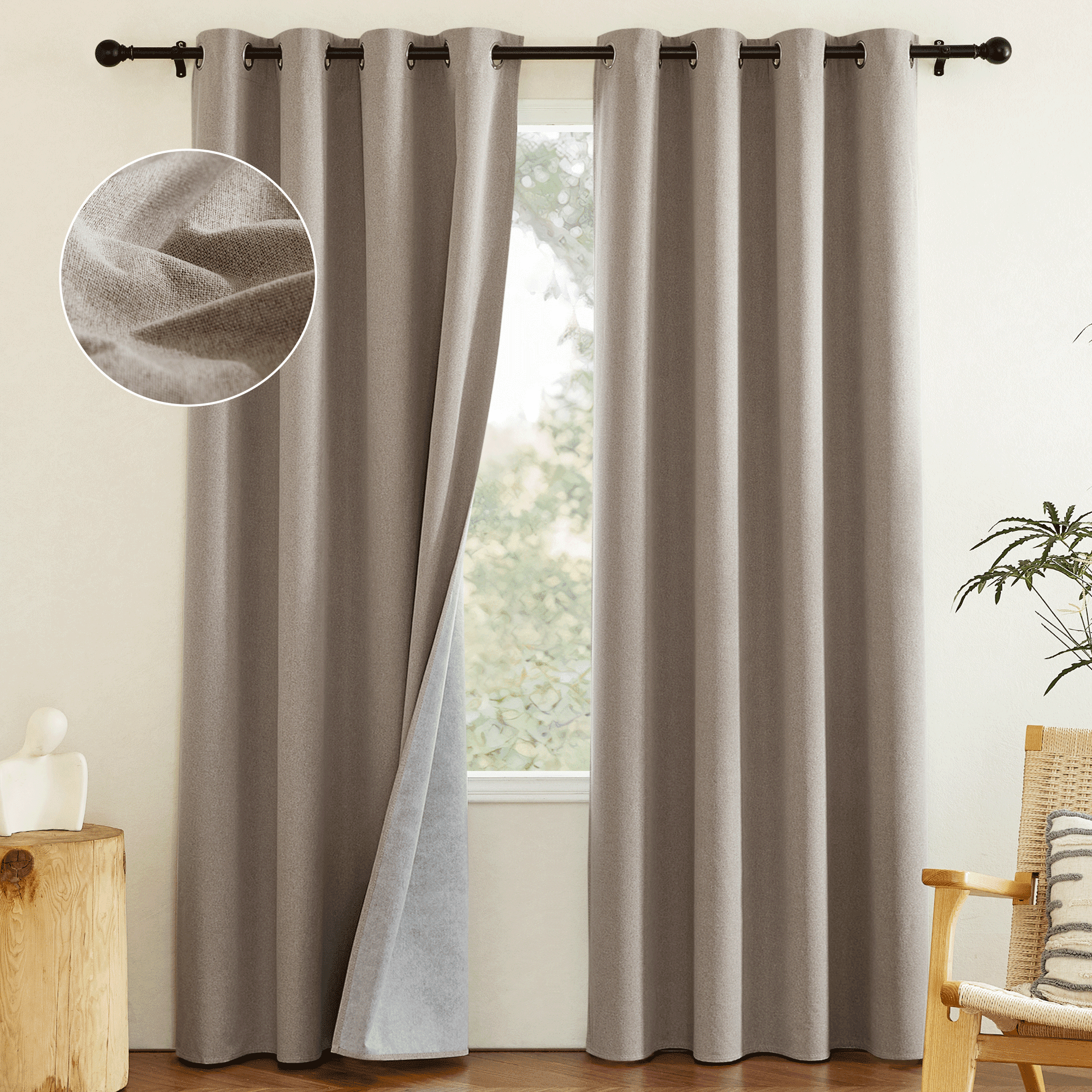 NICETOWN 100% Blackout Linen Curtains, Linen Texture Thermal Insulated Window Curtains Energy Efficient Assure Privacy Grommet Window Treatments for Home Office, Cappuccion, 52"x84", 2 Panels