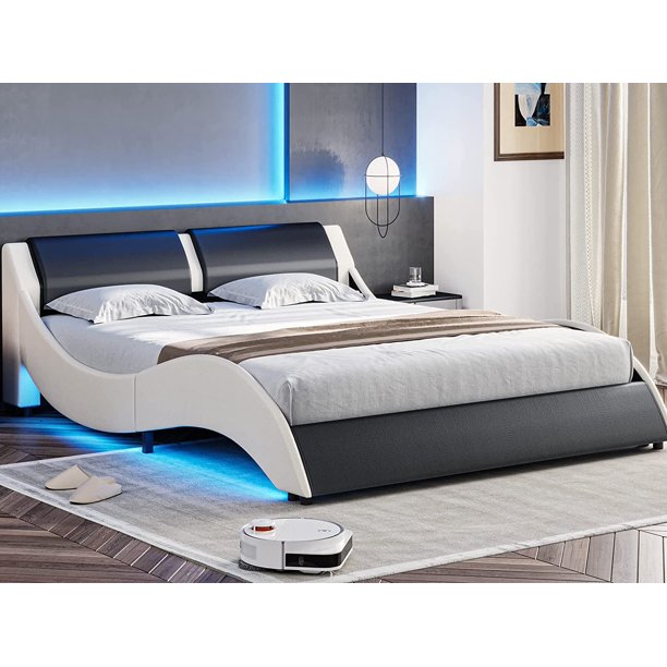 DICTAC Full Upholstered Led Bed Frame Wave Like Low Profile Platform