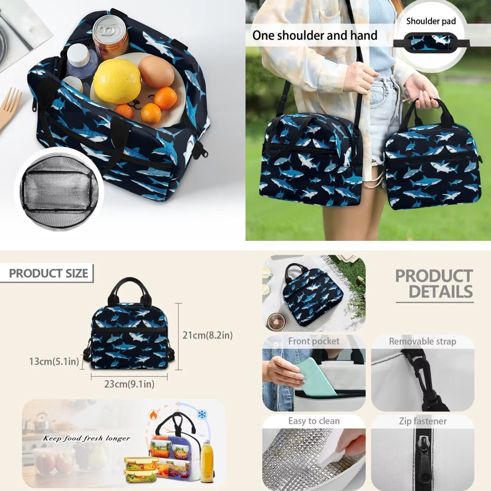 Pzuqiu Blue Shark Print Kawaii Backpack School Backpacks for Girls with Lunch Box Pencil Case 2pcs Bookmark 17 Inch School Backpacks for Kids Travel Rucksack Schoolbag Set of 4