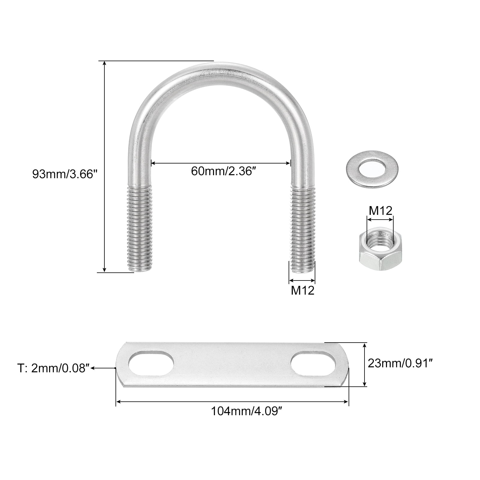 Round U-Bolts, 8 Sets 58mm(2.28") Inner Width 93mm Length M12 304 Stainless Steel U Clamp Bolt with Nuts and Plates