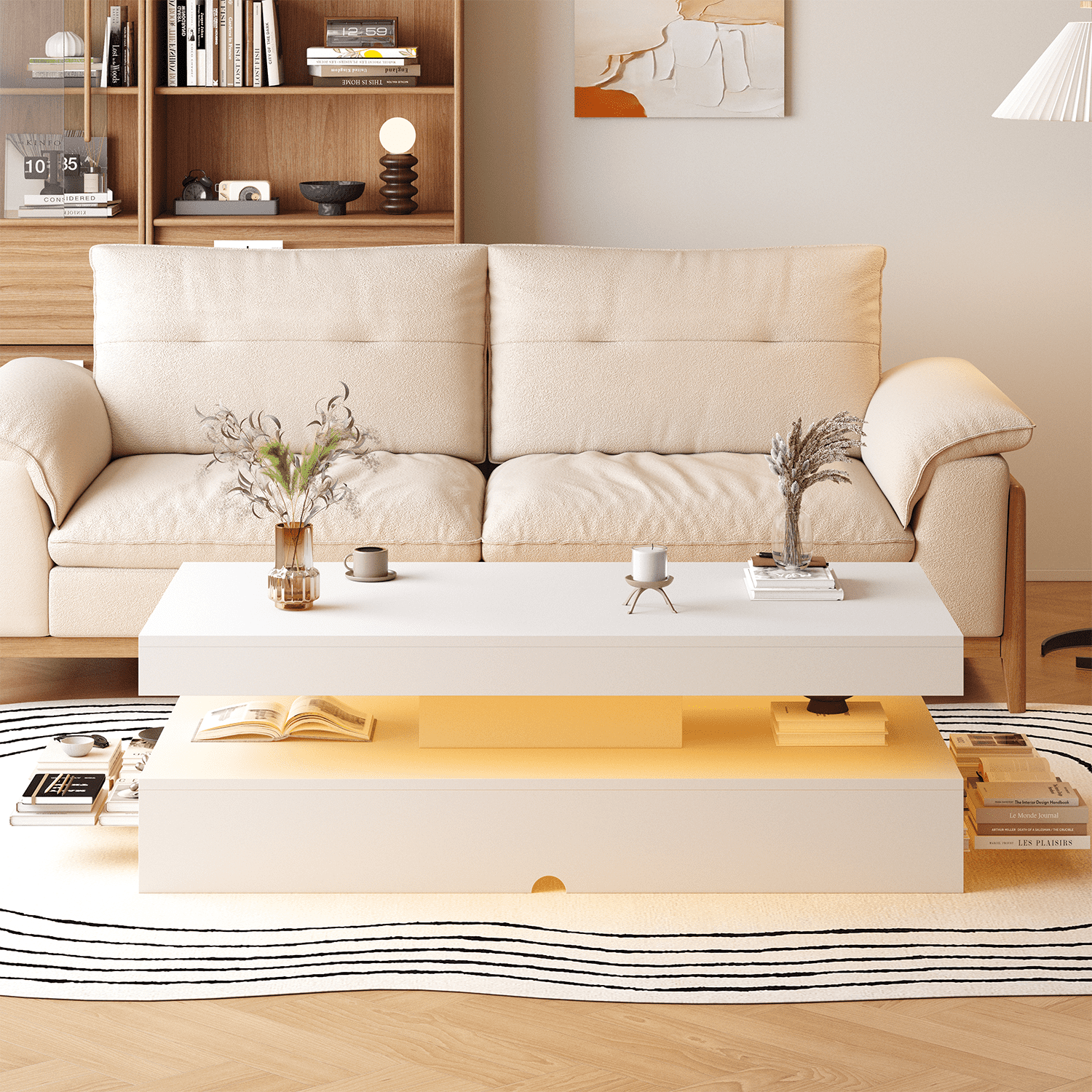 Sonegra 47" High-Glossy LED Coffee Table, Storage Coffee Table with 2 Sliding Drawers for Living Room, Modern Stylish Double-Layer Center Tables with LED Lights, White