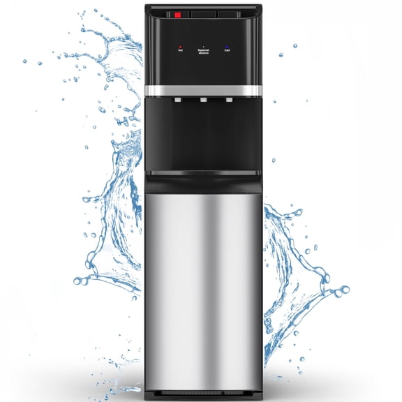 UrbanSync 3-Temp 304 Stainless Steel Bottom Load Water Cooler Dispenser 5 Gal, LED & Child Safety Lock, Silver-Black Collocation