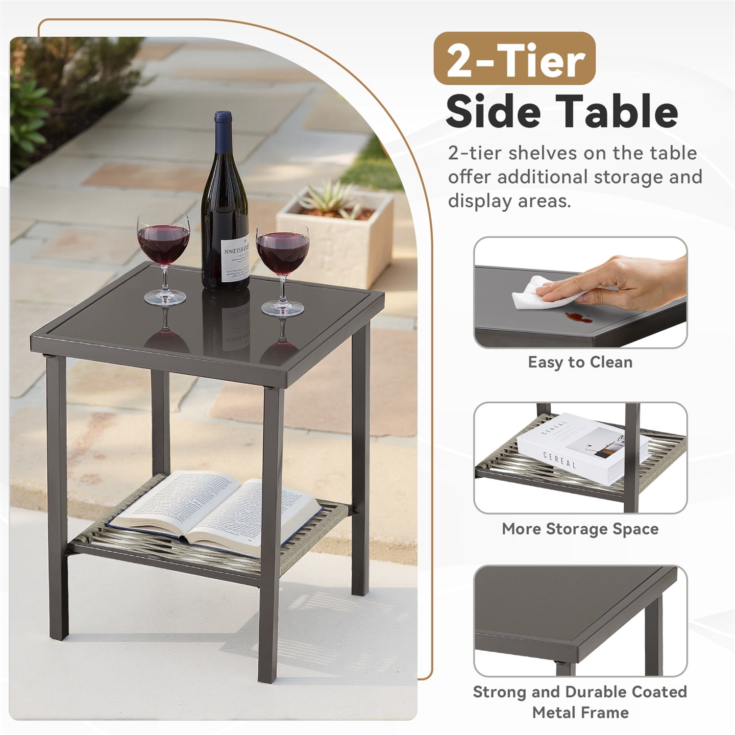 Hommoo Outdoor Wicker Side Table, Rattan Patio Table Square End Table for Pool Balcony Deck Porch Lawn Backyard, Dark Gray