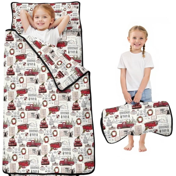 White Christmas Truck and Tree Pattern Toddler Nap Mats for Kids Preschool,50"x20" Sleeping Mat Bag or Kids,Toddler Sleeping Bag,Toddler Nap Mat or Daycare