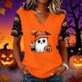thumbnail image 2 of Qwertyu Womens Halloween Shirts Plus Size Funny Ghost Print Short Sleeve V Neck Halloween T-Shirts Casual Loose Cute Halloween Tee Tops Orange S, 2 of 4