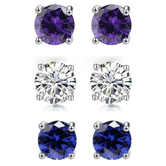 18k White Gold 3 Ct Amethyst, White Sapphire & Blue Sapphire Round Stud Earrings for Women Plated by Paris Jewelry