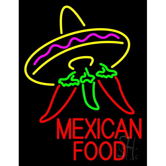 Red Mexican Food Logo LED Neon Sign 19 x 15 - inches, Clear Edge Cut Acrylic Backing, with Dimmer - Bright and Premium built indoor LED Neon Sign for restaurant window and interior decor.